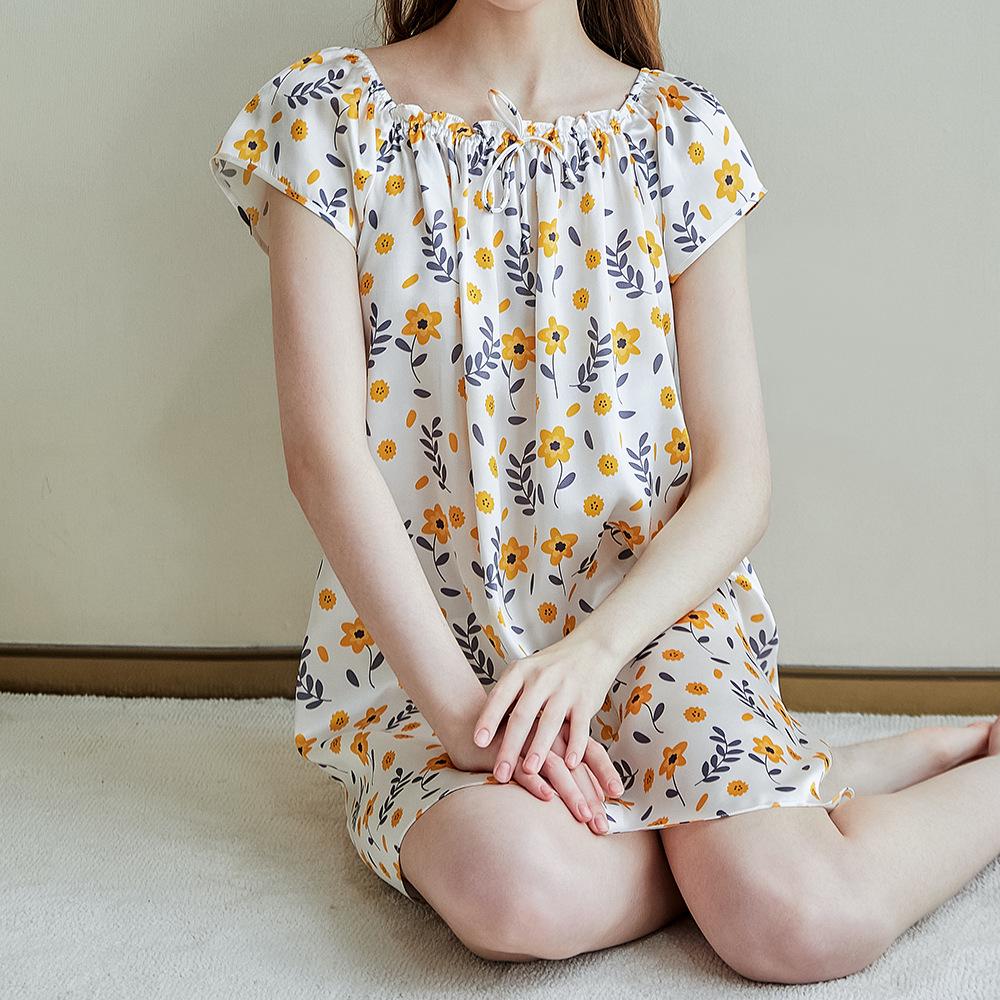 Women's Summer Short Sleeve Printed 100% Mulberry Silk Pajama Dress - Mid-length, Plus Size, Loose-fit Nightgown