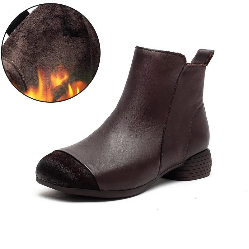 

Johnature Плюшевые Теплые Натуральная Кожа Ретро Грубый Каблук Короткие Ботинки Повседневные Универсальные Женские Туфли 39