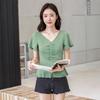 Frühling/Sommer 2025 Damen V-Ausschnitt Kurzarm T-Shirt - Koreanischer Stil mit süßen Rüschenärmeln