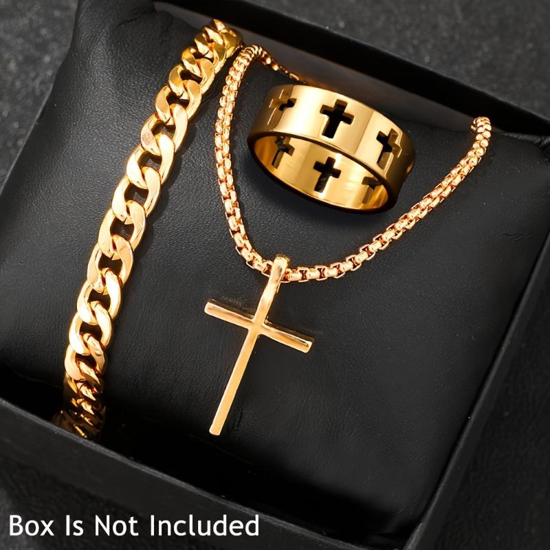 Stainless Steel S Jewelry Set For Men Cross Pendant Chain Necklace Bracelet Ring Set Personality Design Accessories Gifts