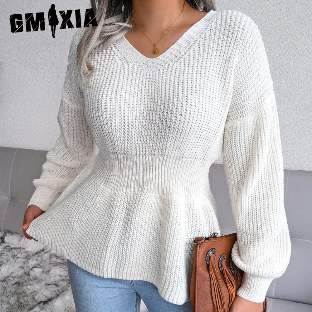 

GMXIA женский модный повседневный однотонный осенне-зимний вязаный свитер с длинными рукавами и v-образным вырезом, свободные рукава-фонарики
