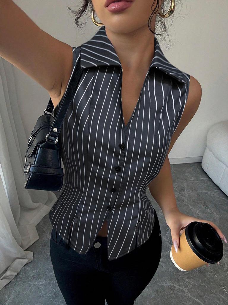 Letnia koszulka damska bez rękawów w paski - styl europejski i amerykański