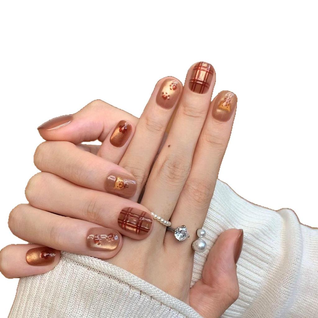Autumn/Winter 3D Brown Bear Cat Paw Bean-Shaped Wearable Nail Stickers