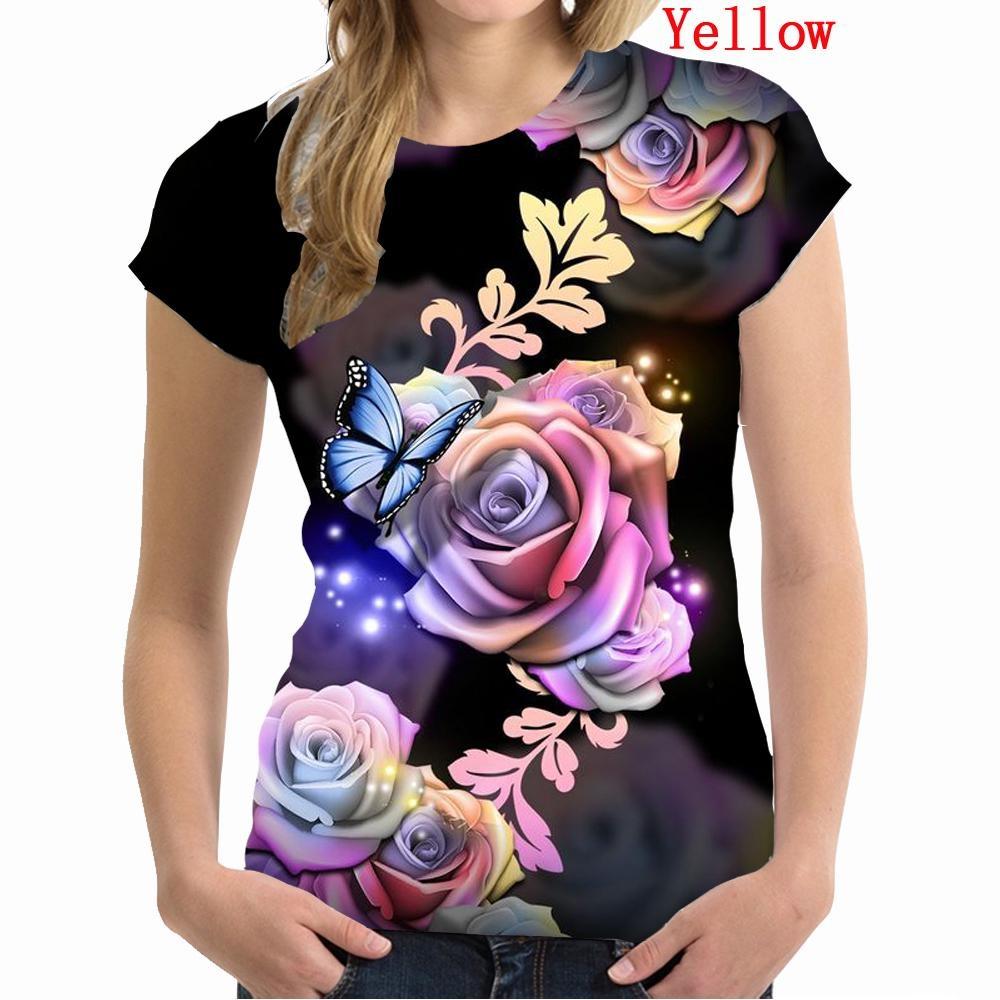 Women 3D Rose Flower Print T Shirt Fashion Ladies T-shirt New Summer Loose Women's Flowers Print Top
