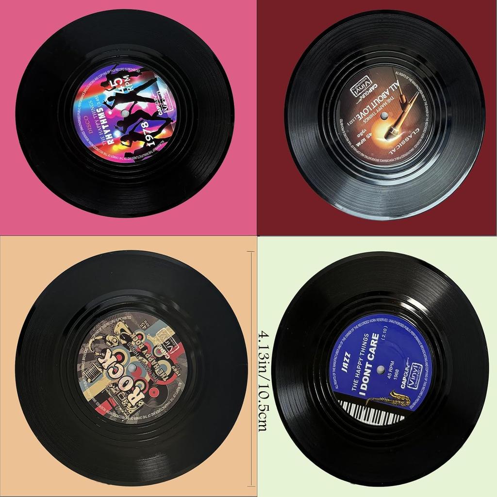 Tsevsesno Set of 6/4 Retro Record Vinyl Coasters for Drinks,Funny Home Decor & Housewarming Gifts New Home, for Music Lovers (4)