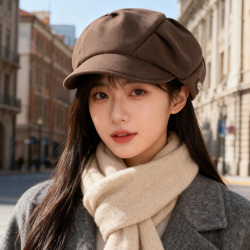 

Повседневный шерстяной берет в корейском стиле для женщин на осень и зиму, теплая плиссированная маленькая восьмиугольная шляпа, подчеркивающая лицо, универсальная уличная шляпа-облако M（56-58cm）