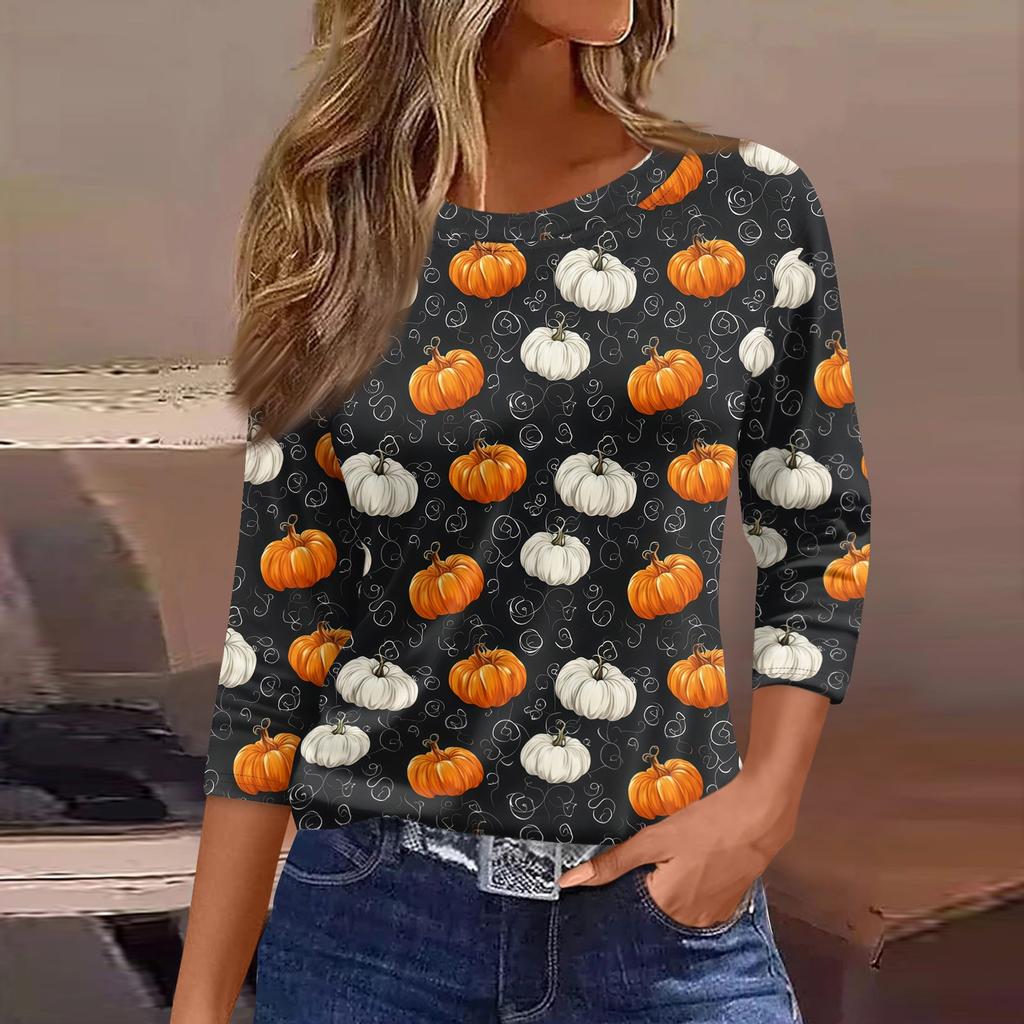 Women 3/4 Sleeve Casual Loose Fit Shirt Round Neck Halloween Pumpkin Print T-Shirt Top for Everyday Wear