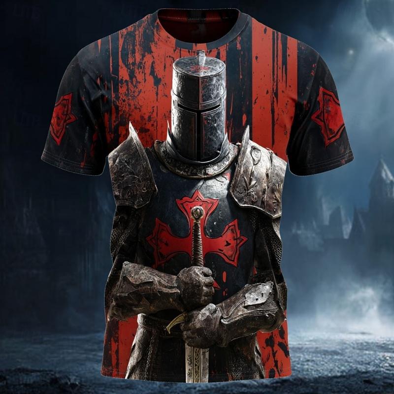 Templar Warrior 3D Printed T-shirt with Medieval Pattern Short Sleeve Top for Summer Men's Casual Street Round Neck Clothing