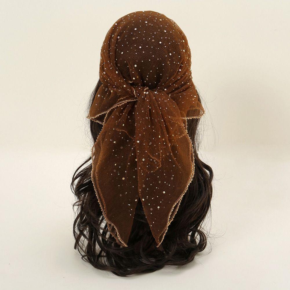 Thin Hotfix Rhinestone Square Scarf Sparkle Glitter Veil Turban Mesh Bandana Women Fashion