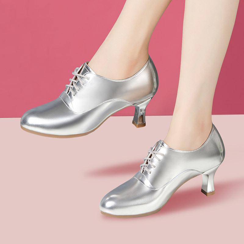 4cm 6cm Comfortable Lace Up Genuine Leather Shoes Women Pumps Spring 2025 Med Block Heels Shoes Red Silver for Dance Party Mom