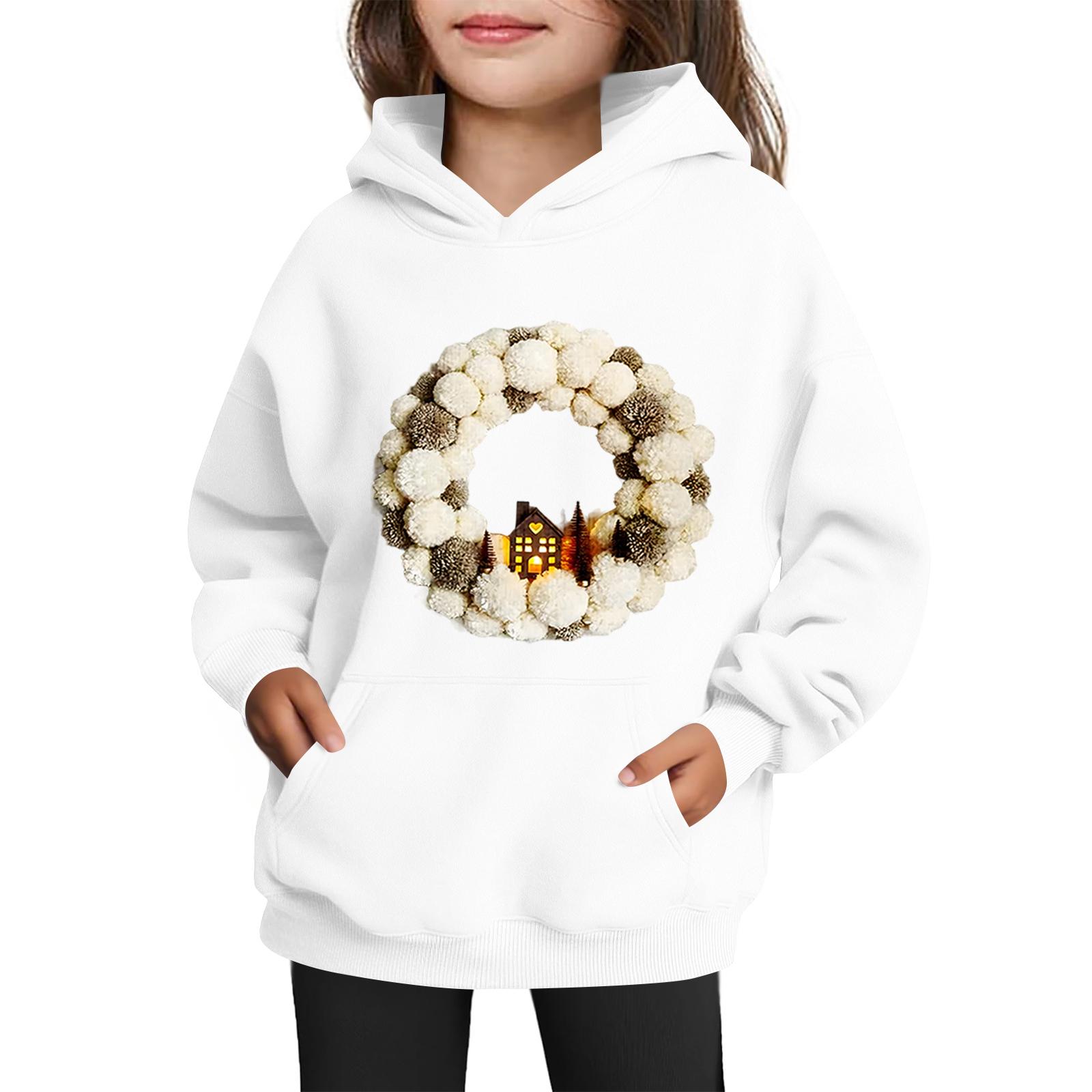 

Толстовки для девочек-подростков Худи с длинным рукавом на шнурке Пуловер Милое принтованное Худи оверсайз Рождество 160 белый