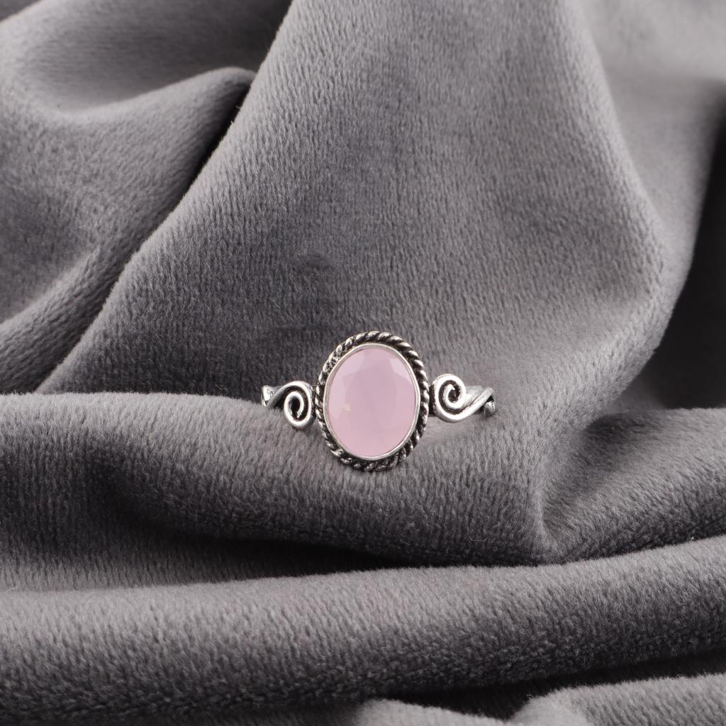 Adorables Bijoux en Pierre Gemme Calcédoine Rose, Bague en Argent Sterling 925, Bague de Guérison Fait Main Cadeau Pour Femmes