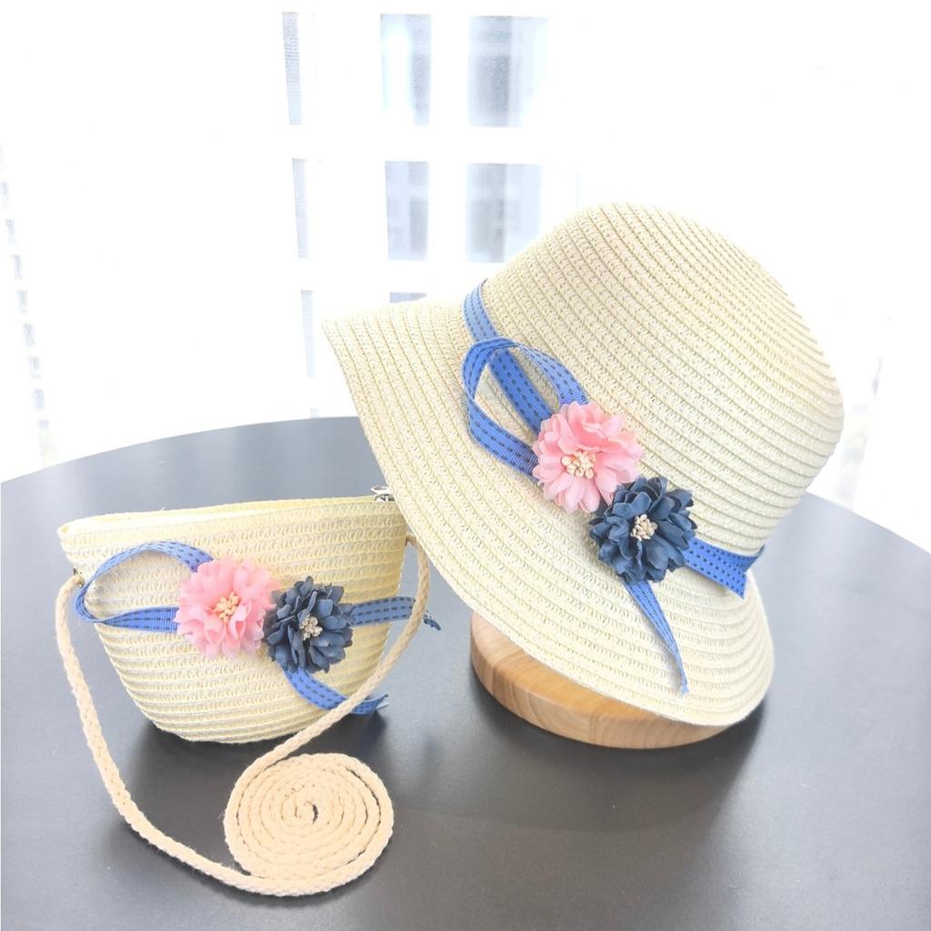Girls 2Pcs Straw Hat Solid Color Outdoor Travel Sun Hat Floral Fisherman Style Children'S Fashion Accessory For Girls