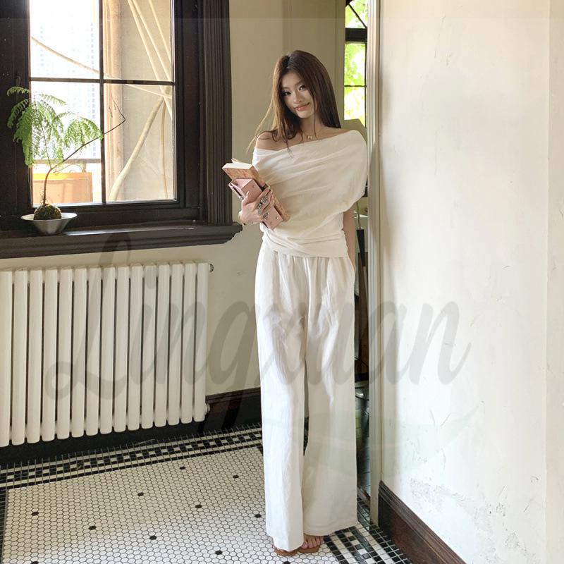 Spring/Summer 2026 Women s One-Shoulder Ruched Top & Straight-Leg Pants Set Medium