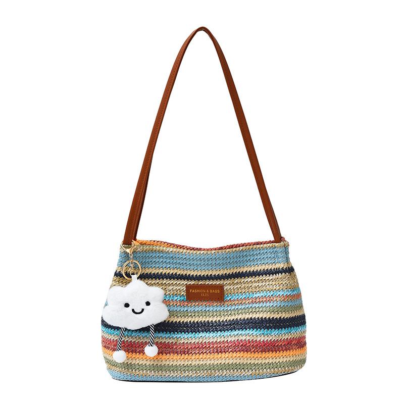 

New trendy fashion contrasting colors rainbow woven bag summer bucket bag tote bag premium shoulder messenger bag single bag