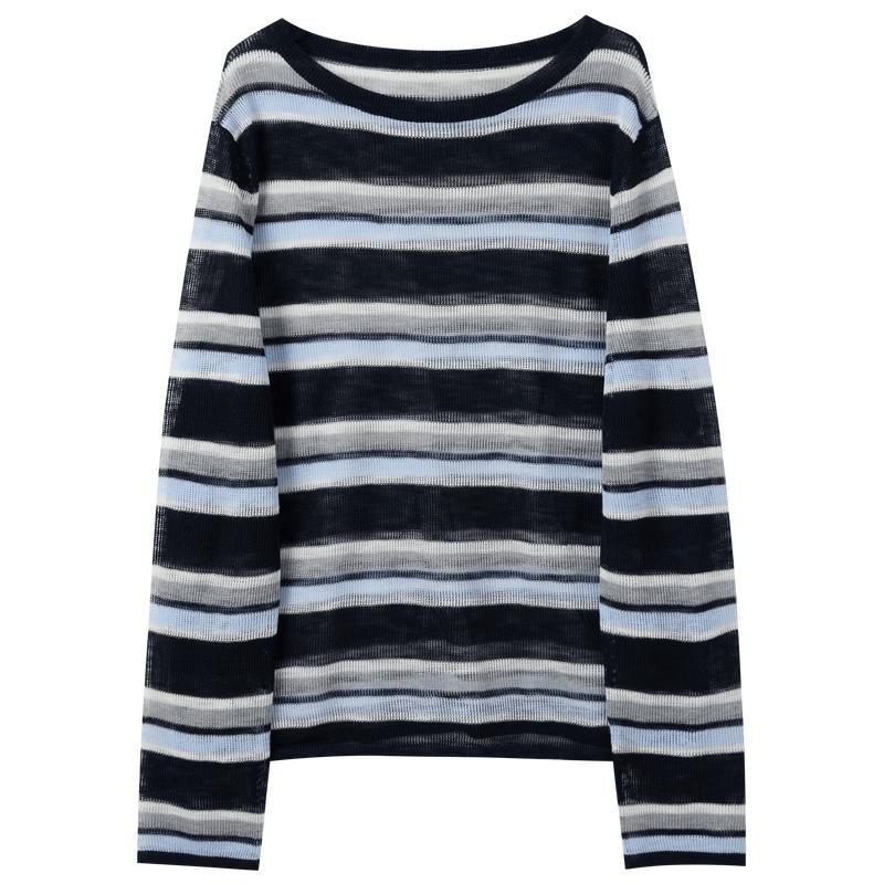 Lyocell Blend Contrast Stripe Long Sleeve Knit Top L