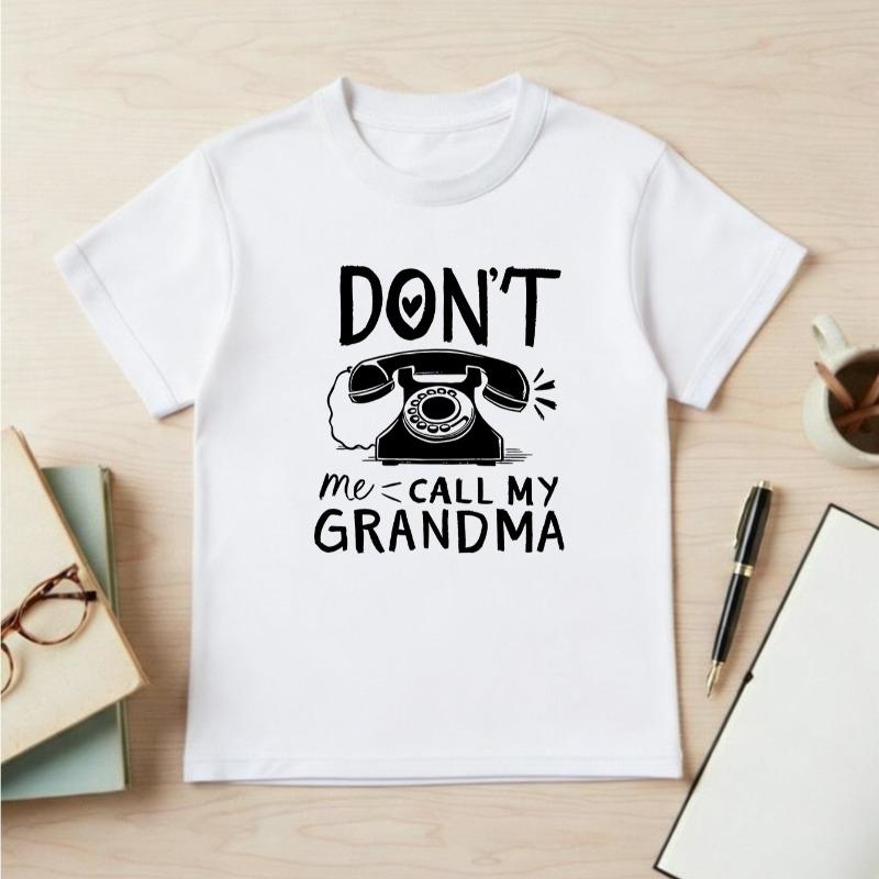 Kids Cartoon Phone Don t Call Me, I ll Call Grandma Print Crewneck Short Sleeve Tee, Casual Versatile Basic Top 110 белый