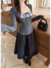 Korean Style Striped Spliced Two-Piece: Women's Winter Cotton T-Shirt & Black Woollen Midi Skirt Set