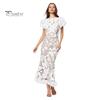 Women Fishtail Dress Round Neck Puff Short Sleeve Embroidered 3D Flower Decor Midi Dress Hip Wrapped Long Dress