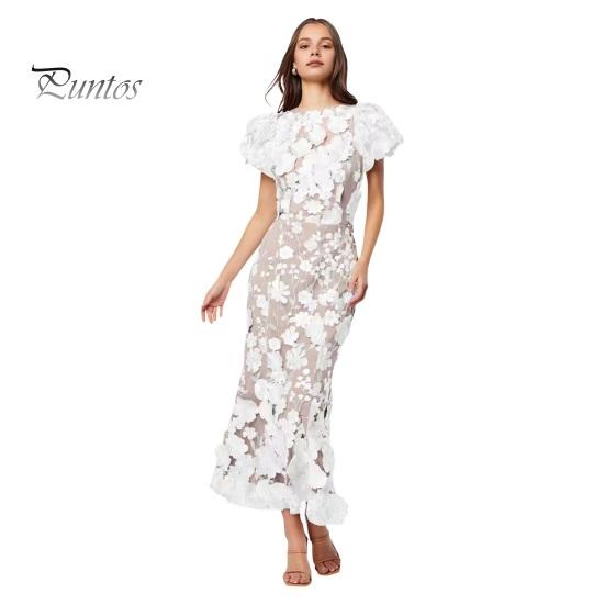 Women Fishtail Dress Round Neck Puff Short Sleeve Embroidered 3D Flower Decor Midi Dress Hip Wrapped Long Dress