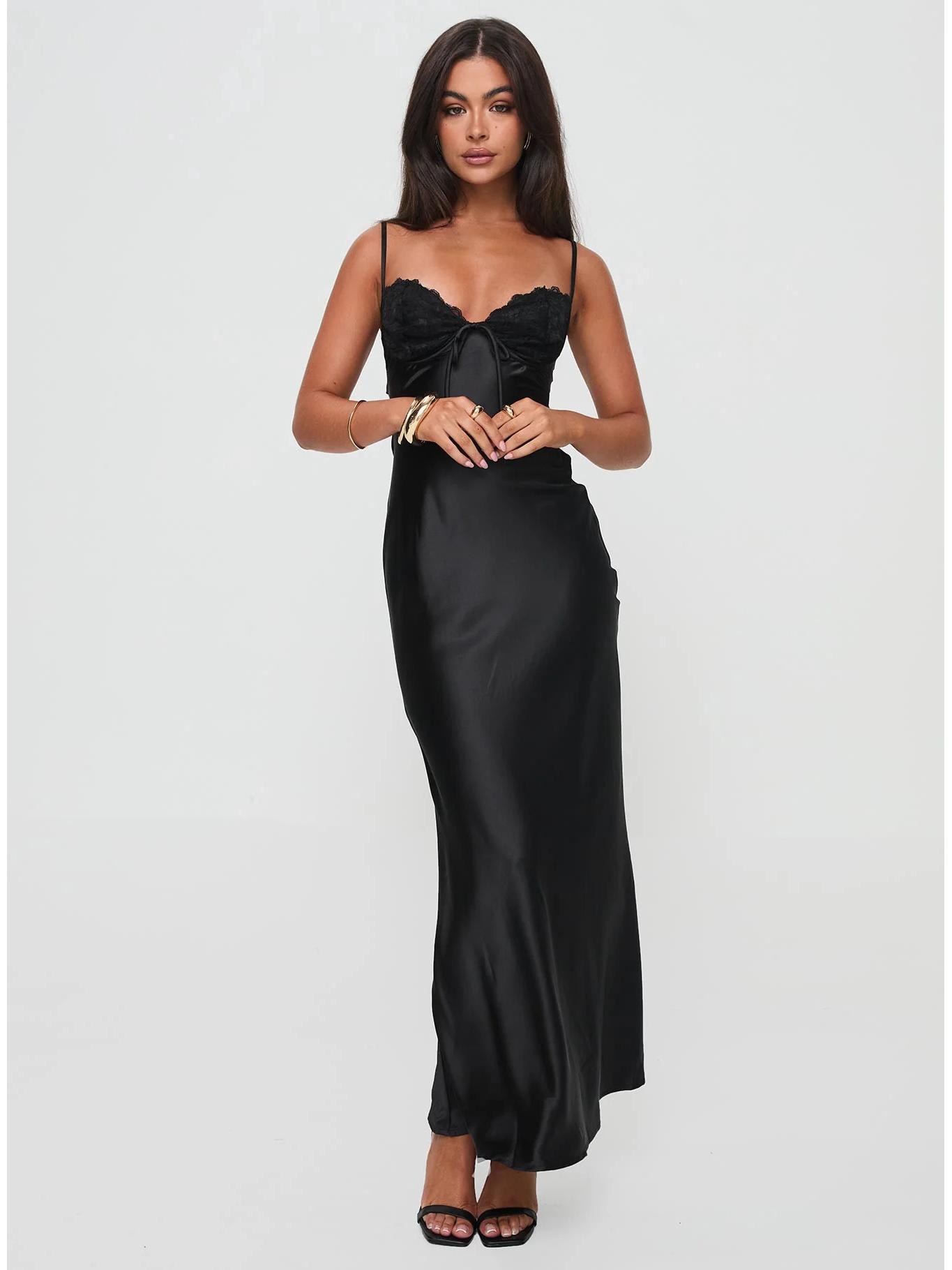 

European-American 2026 Summer Women s Slim-Fit Spaghetti Strap Maxi Dress with Slit and Bandeau Design Large чёрный