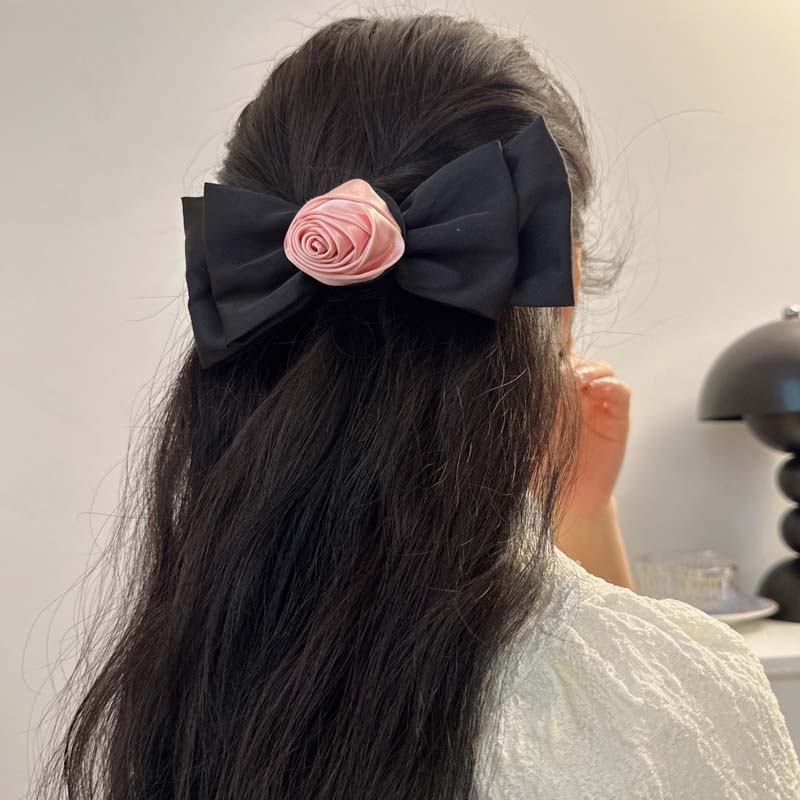 Korean Pink Rose Bow Hair Clip  for Women Vintage Elegant Solid Color Side Clip Duckbill Clip Barrettes Hair Accessories