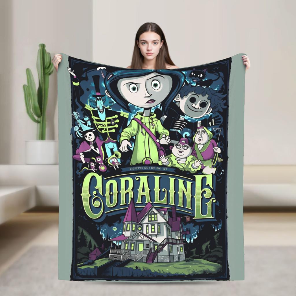 Coralines Animated Movie Blanket  Travel Flannel Throw Blanket For Living Room Warm Soft Custom DIY Quality Bedspread Gift Idea