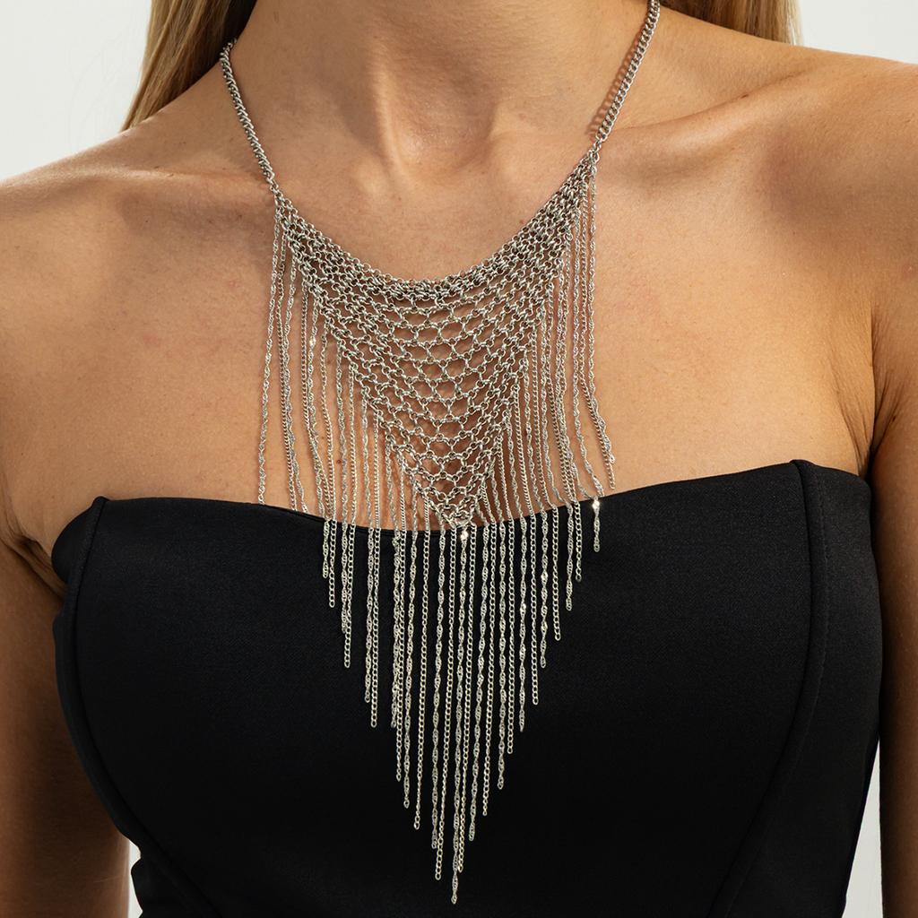 Punk Style Metal Chain Mesh Fringed Necklace, Fashion Heavy Industry Woven Collarbone Chain Necklace Necklace Women