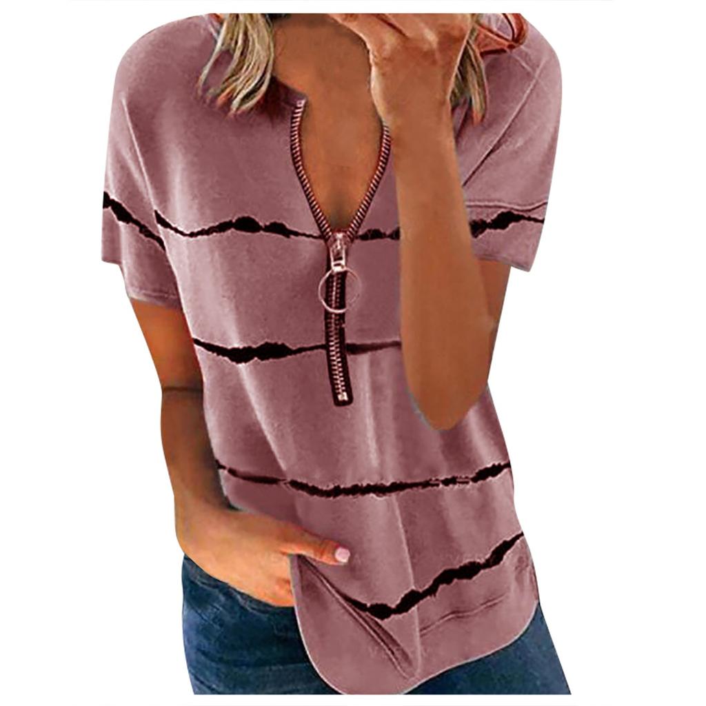 Women's Fashion Casual Striped Zipper Round Neck Loose Short-Sleeved Tops