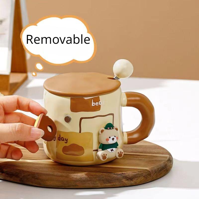 Kubek Honey Bear z zagęszczoną ceramiką z pokrywką i łyżeczką, kubek do kawy, 3D, magnetyczny, odłączany, adsorpcyjny, wieszak na napoje