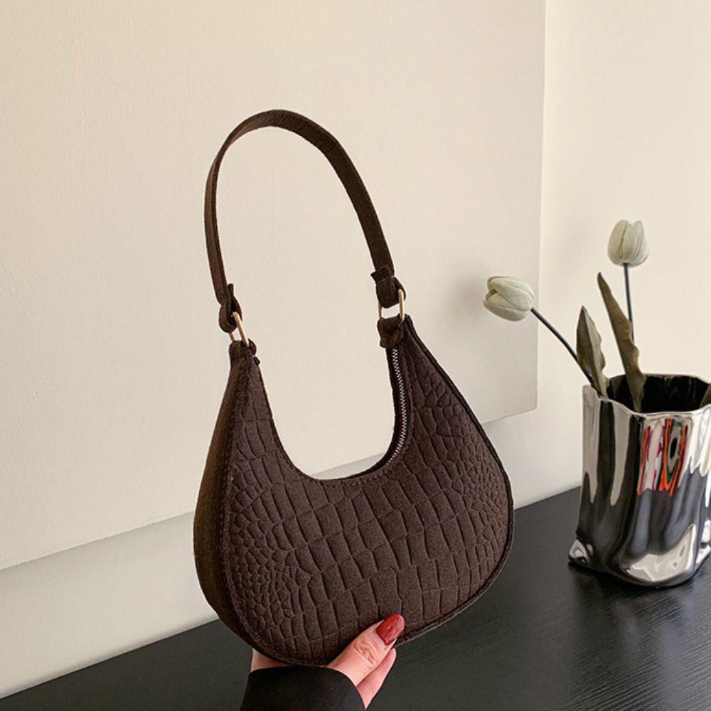 Stoff Schultertasche Einfarbige Filz Handtasche Elegante Halbmond Achseltasche Damen