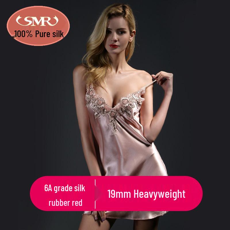Shan Mu Er 100% Mulberry Silk Nightgown with Lace Trim - Sexy Silk Camisole Pajamas