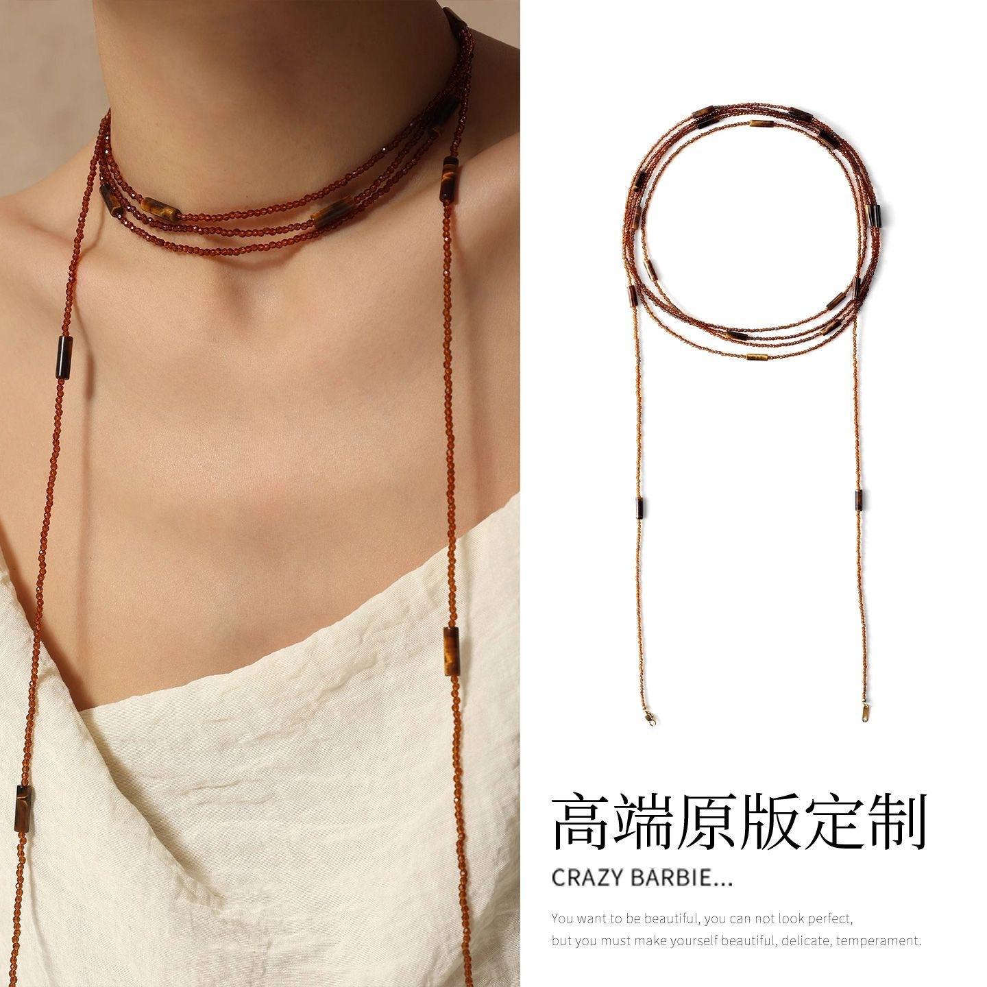 Stone crystal beaded multi-layer stacked necklace sweater chain retro temperament necklace