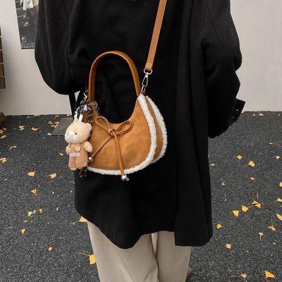 

Korean Retro Sweet Bow Handbag Women Faux Suede Matte Plush Shoulder Bag Ladies Brown Versatile Crossbody Bag Winter New Arrival 20x17x8cm коричневий
