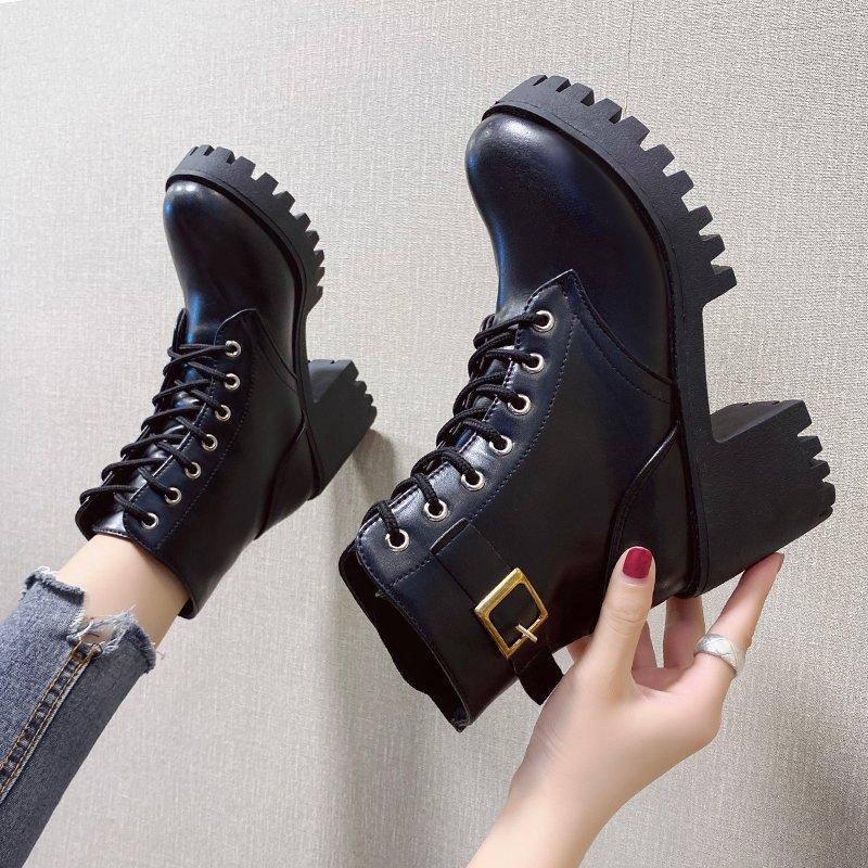 Autumn Single Boots, Laced Black Martin Boots, Round Toe, Chunky Heel, High Heel, Belt Buckle, Women's Short Boots