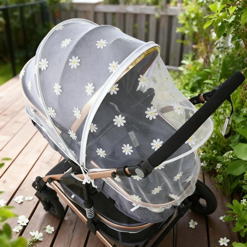 Baby Summer Cart Mosquito Net (Korean Style) Full-Cover Daisy Embroidered Mesh Reliable Mosquito Insect Protection for Strollers