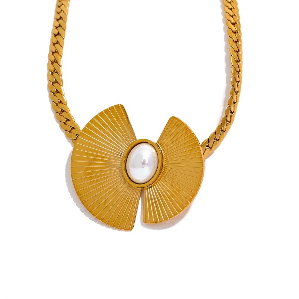 

Yhpup 316l Stainless Steel Imitation Pearl Fan Pendant Collar Necklace 18K PVD Plated Fashion Statement Jewelry Women Gift