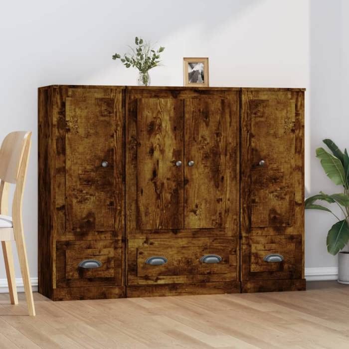 Buffet - 3 pcs - Chêne fumé - Bois d'ingénierie durable - Grand espace de rangement
