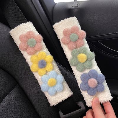 1/2pc Soft Plush Color Flowers Car Seat Belt Cover Shoulder Strap Harness Cushion  Artificial Lamb Auto Seatbelt Shoulder Pad