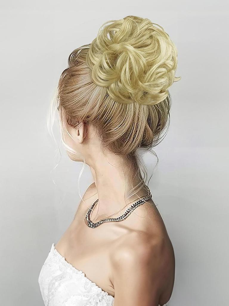 ALAN EATON Claw Clip Messy Bun Hair Piece for Women BLonde Synthetic Wavy Curly Ponytail Hairpiece for Daily Wear Multi-color Option 10 Inch