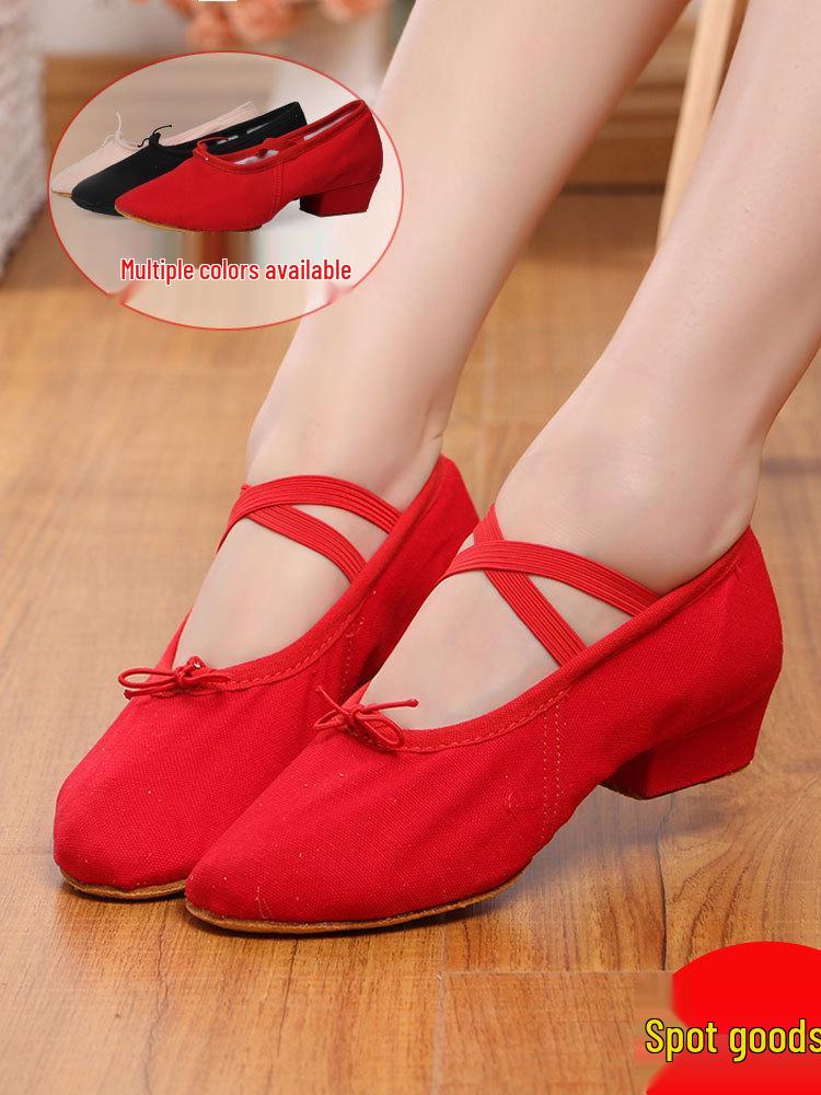 Women's Adult Soft Sole Canvas Dance Shoes with Heel - Black Ballet Practice Shoes