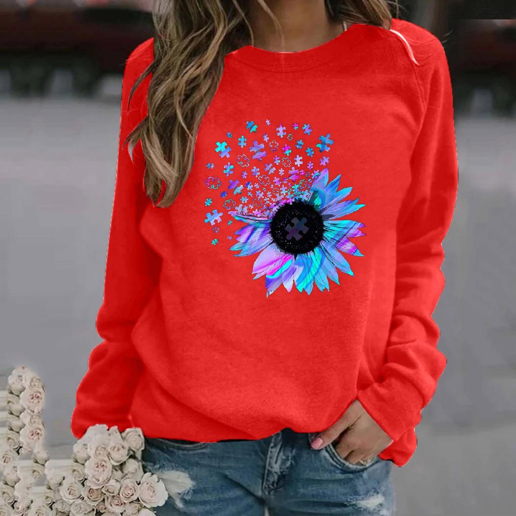 Women's Fashion Casual Print Round Neck Sweater Loose Sports Tops Pullover