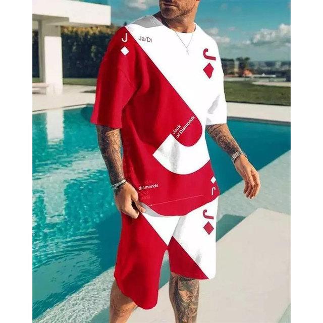 Europejski amerykański zestaw męskich T-shirtów Lato Nadruk 3D Litery Karty do gry Spodenki Krótki rękaw Kombinezon 2-częściowy zestaw Casual