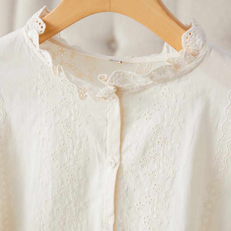 Aprikosenfarbenes, langärmliges, besticktes Damenhemd aus reiner Baumwolle – Neues Design für Frühjahr 2025