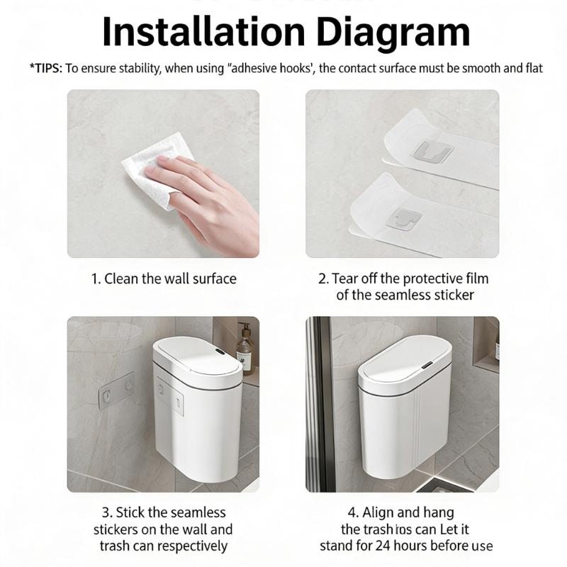 Pattumiera a Sensore Automatico da Parete per Bagno Cucina Chiusura Silenziosa Montaggio a Parete Plastica