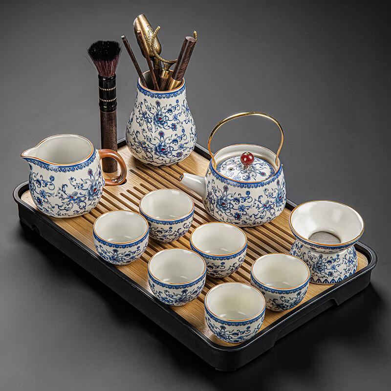 Lainuo 10-Piece Chinese Tea Set with Floral Pot & Black Tray