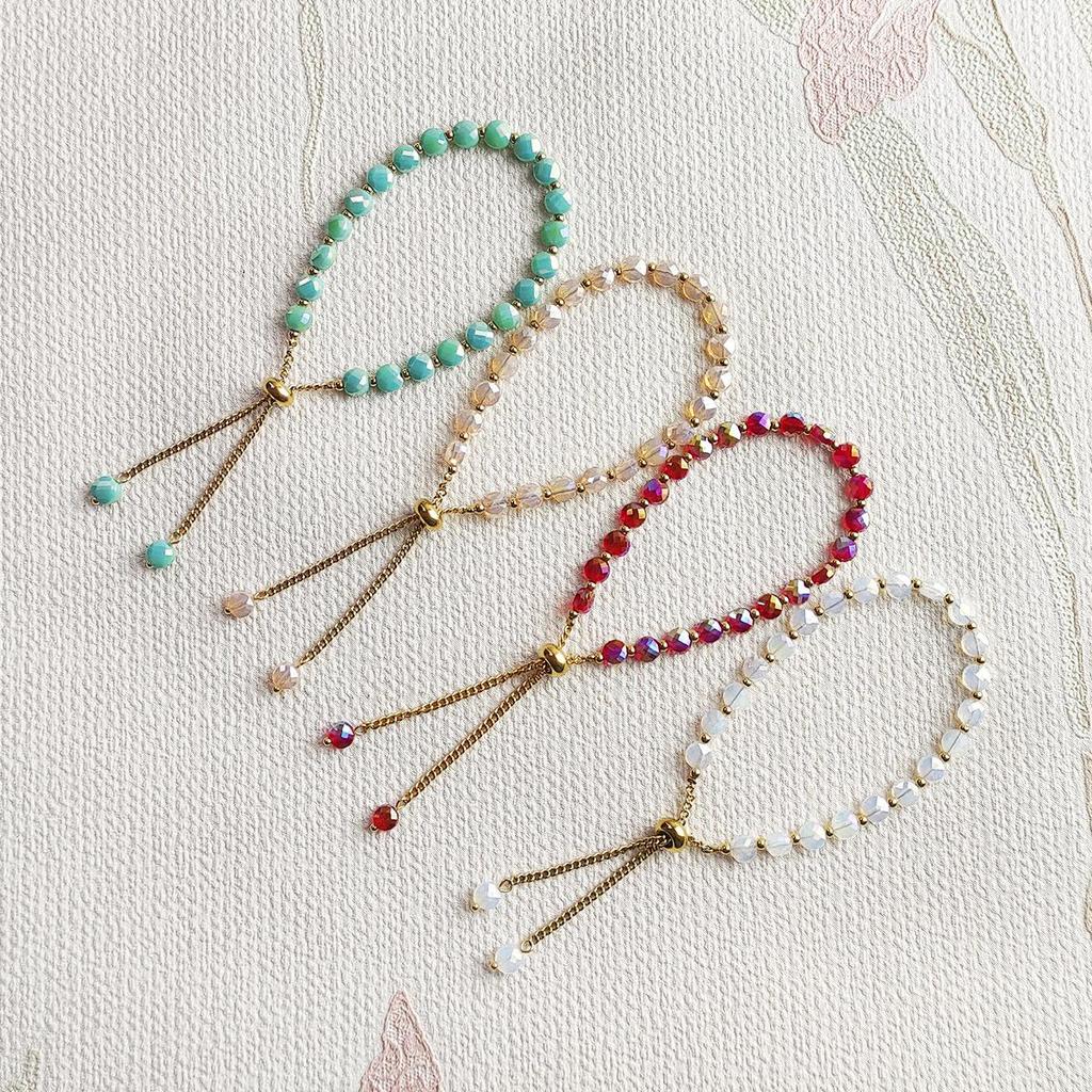 18K Gold & Stainless Steel Crystal Beads Waterproof Retractable Women's Bracelet