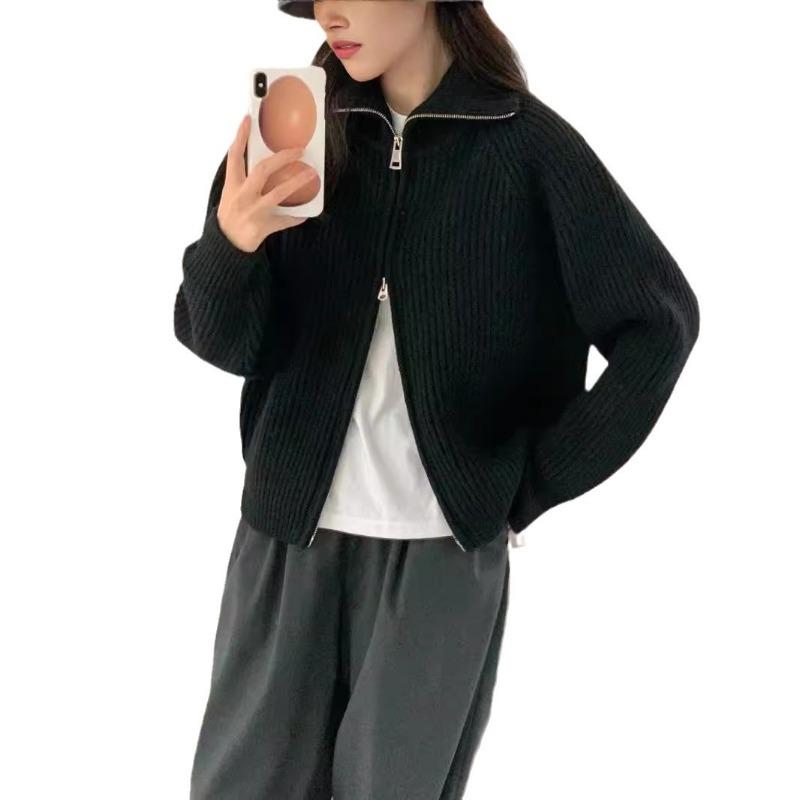 New solid color pit strip double zipper design sense shoulder long sleeve knitted jacket women solid color simple sweater women