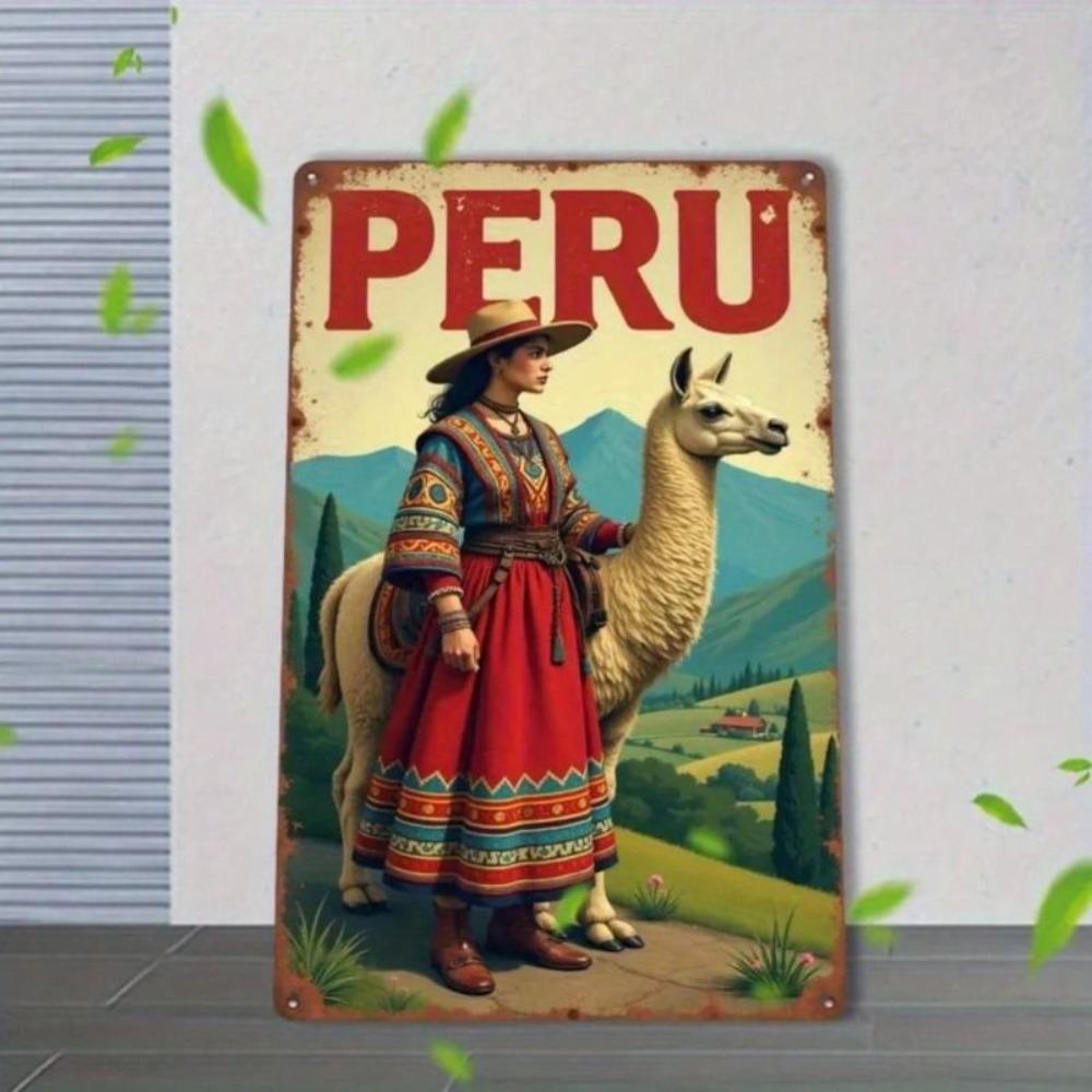 Vintage Peruvian Landscape with Lamas Metal Poster Wall Art Decor for Living Room