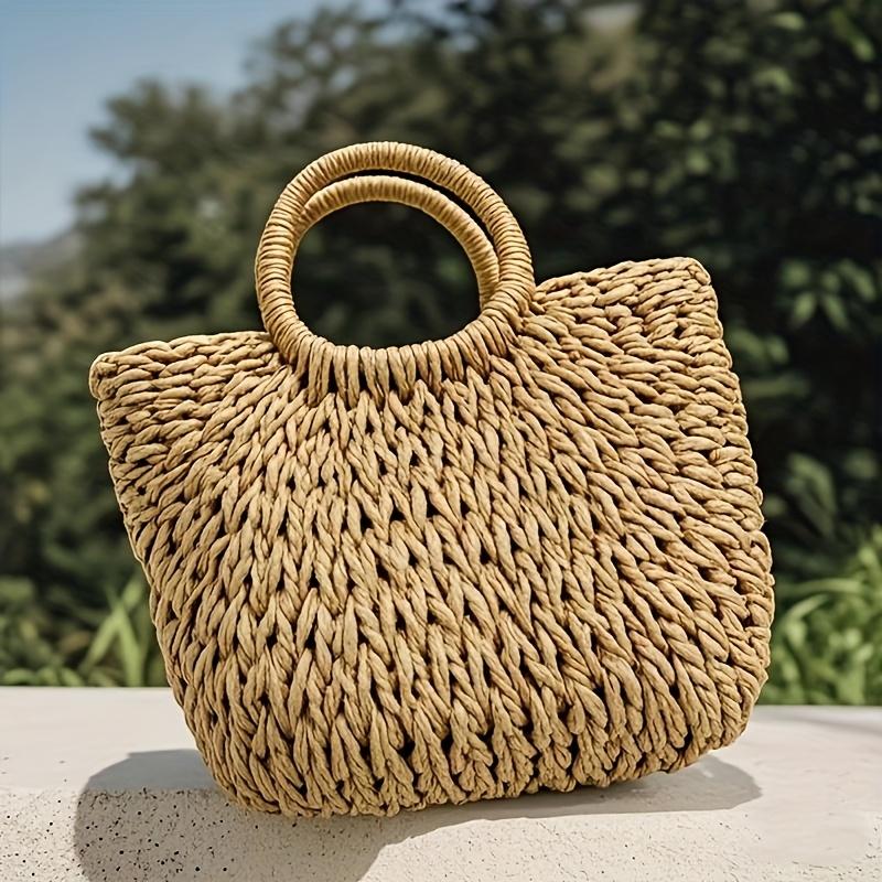 

1 шт. Сумка-тоут ручной работы, просторная, открытый верх, круглые ручки, кофейный/слоновая кость, идеальный праздничный подарок-аксессуар, пляжная сумка-тоут